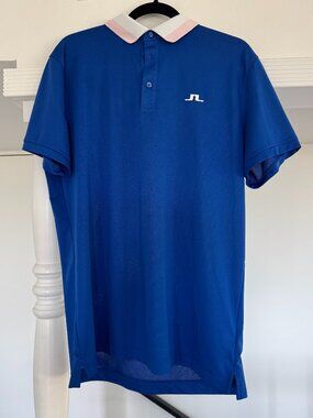 J.LINDEBERG BENJI REGULAR FIT GOLF POLO – ROYAL BLUE / PINK & WHITE COLLAR - L